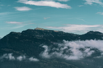 Panoramic view of the mountains at Lake Lucerne in Switzerland.