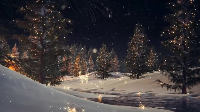 3D Rendered New Year Midnight Countdown Theme On Clock Mountain Surrounded By Reindeer And Christmas Trees.