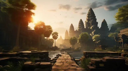 Outdoor-Kissen Sunrise over stone temple in tropical jungle of Angkor Wat. Complex with elaborate carvings in a lush green jungle setting. The sun rays illuminate the scene with a golden light © Domingo