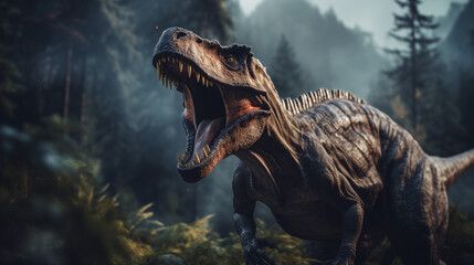 3D rendering of a roaring Tyrannosaurus rex dinosaur in a misty forest with detailed textures,...