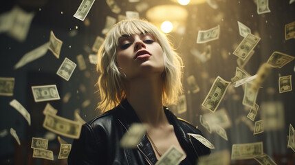 Portrait of a wealthy and proud blond young girl, illuminated by a spotlight and surrounded by money falling from the sky. Depicting the world of influencers 
 and stars with fame, and arrogance - obrazy, fototapety, plakaty
