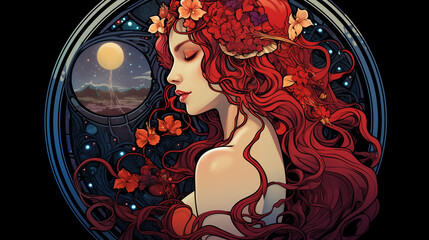 digital illustration of the profile of a woman with long red hair wit flowers, in front of a circular background with a night sky and a full moon. Background for mystical wicca ritual in art nouveau.