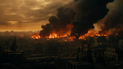 Fototapeta na wymiar Middle Eastern city being engulfed in flames due to Arab revolutions, with fire and black smoke at sunset. War scenario with the light of dusk