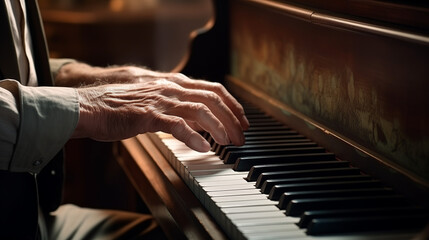 Close-up of the hands of an elderly gentleman, playing the white and black keys of an old piano,...