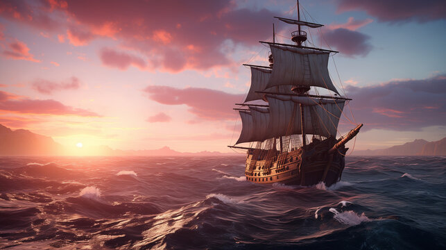 A galley ship sailing across the sea with waves at sunset, under a sky of pink and purple clouds. Epic adventurous scene for a story of pirates, treasures, exploration, and conquests for a wallpaper