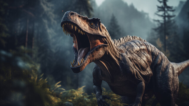 3D rendering of a roaring Tyrannosaurus rex dinosaur in a misty forest with detailed textures, lighting effects, and a cinematic sense of atmosphere,