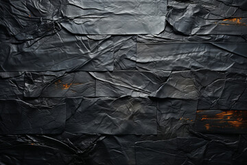 Black textile backdrop with a textured finish. Ruffled surface reminiscent of crumpled paper, mirroring the look of sleek leather. - obrazy, fototapety, plakaty