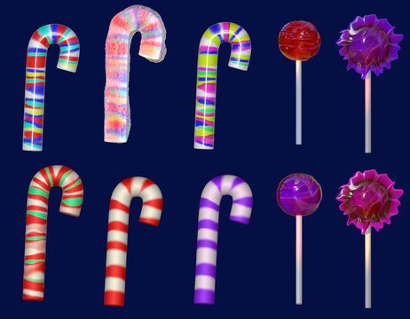 3D lollipops illustrations on navy blue background, candy canes and candy
