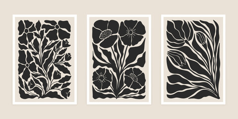 Abstract groovy floral poster set. Contemporary flower leaves design, botanical elements for print cut out style. Vector art - obrazy, fototapety, plakaty