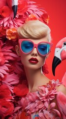 Young girls in beautiful fashionable clothes in flamingo plumage colors, exotic bird and high fashion, fashion magazine cover