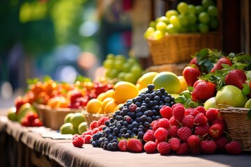 Seasonal fresh fruits at a street outdoor market, variety of organic local products - obrazy, fototapety, plakaty