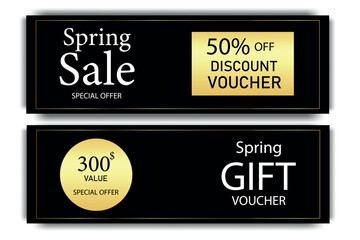 Fototapeta premium Gift certificate for spring sale with gold decoration. Invitation card. Voucher template. Background for invitation, shop, beauty salon, spa.