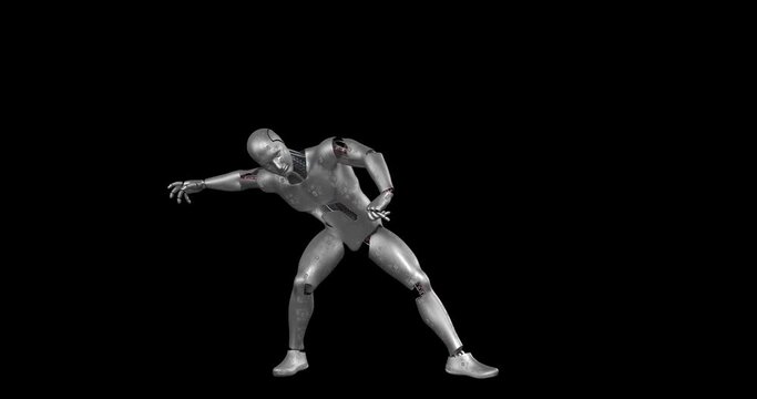 Robot Making Martial Arts Moves. Ready To Throw Fire. Alpha Channel. Technology Related 3D Animation.