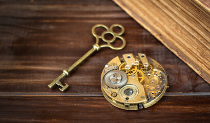 Success key with clockwork. Life coaching, mentor, solution background.