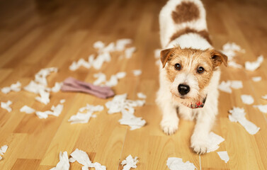 Funny, active naughty dog after biting, chewing a toilet paper. Pet mischief, puppy hyperactivity.