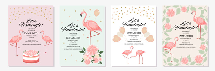 Flamingo party invitation.Baby shower invitations with flamingo cartoon character set.Birthday cards with cute animals.Wedding,Valentine's Day, baby shower,save the date,birthday.Vector illustration. © Liliy