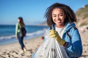 african woman pick up plastic waste on the beach to eliminate plastic pollution