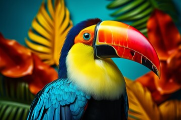 Naklejka premium Bright exotic tropical bird toucan close-up on a bright background of flowers