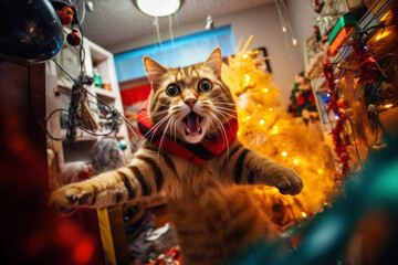 A cat left alone at home wreaks havoc in a room decorated for Christmas - obrazy, fototapety, plakaty