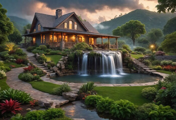 Fototapeta na wymiar Beautiful landscape house in nature in the garden, outdoor living concept,