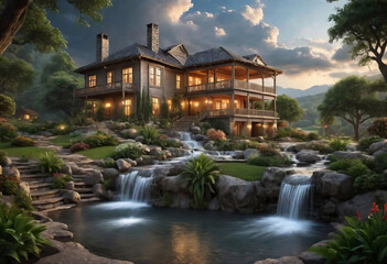 Obraz premium Beautiful landscape house in nature in the garden, outdoor living concept,