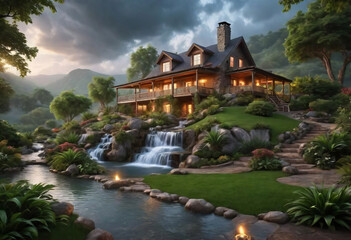 Obraz premium Beautiful landscape house in nature in the garden, outdoor living concept,