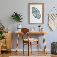 3d render of a living room with a stylish chair, wooden desk, plants, flowers, table lamp, mock-up poster frame, macrame, and elegant accessories.
