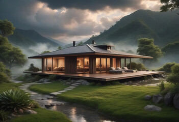 Beautiful landscape house in nature in the garden, outdoor living concept,