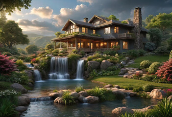Beautiful landscape house in nature in the garden, outdoor living concept,