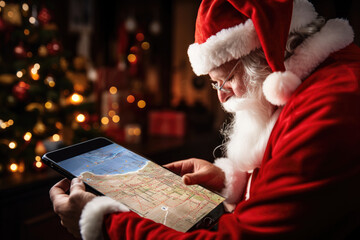 Santa Claus uses a tablet computer to order gifts and use GPS to find addresses