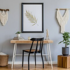 3d render of a living room with a stylish chair, wooden desk, plants, flowers, table lamp, mock-up poster frame, macrame, and elegant accessories.