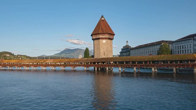 Hyper lapse panorama Lucerne old town and Chapel bridge (Kapellbrucke), Switzerland.
