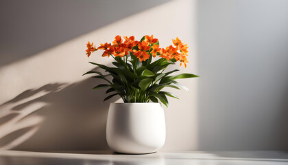 Exotic home flower in a pot on a white background with copy space. Advanced interior design of modern room,