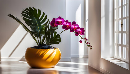 Exotic home flower in a pot on a white background with copy space. Advanced interior design of modern room,