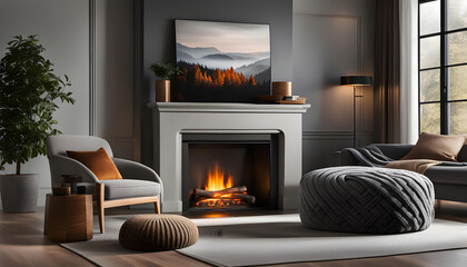 Interior design of a modern living room with a blanket on a gray sofa and pouf in a room with a fireplace. Hygge lifestyle,