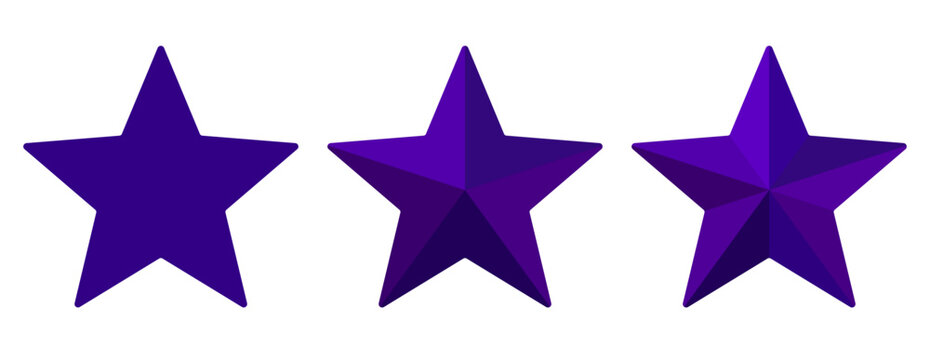 Graphic elements of three purple stars – One star in a 2D plane and two stars with 3D effects