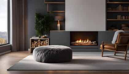 Interior design of a modern living room with a blanket on a gray sofa and pouf in a room with a fireplace. Hygge lifestyle,