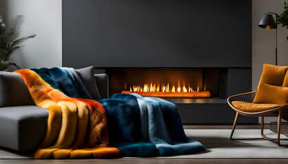 Interior design of a modern living room with a blanket on a gray sofa and pouf in a room with a fireplace. Hygge lifestyle,