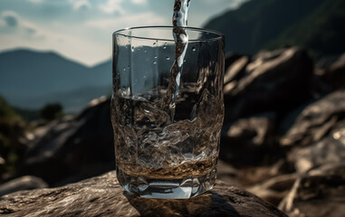 Drink water pouring in to glass mug on rock mountains background. Fresh water in glass tumbler in mountains travel. Mineral water in highball tumbler with splash. Mountain water in glass mug.