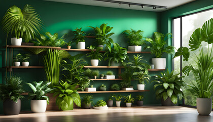 Indoor plants in living wall design with copy space. Advanced interior design of modern room,