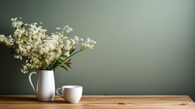 flower decor in modern interior - wooden table with vase near empty wall, home background with copy space
