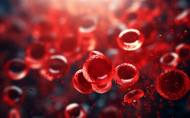 Carmine blood entities within the human structure. Numerous blood cells. Drifting unattached. Inside the human system. Biological research, microbial study, internal composition.