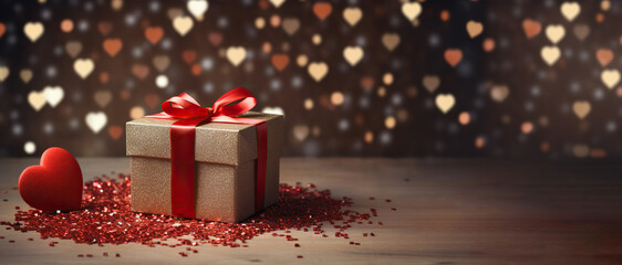 Festive bright golden box, sparkling, with a red ribbon, red glitter and red heart on a wooden surface and dark background with golden heart-shaped bokeh - Powered by Adobe