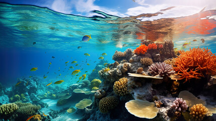 Fototapeta na wymiar Underwater coral reef with colorful fish. Generative Ai