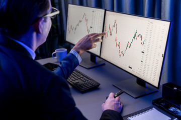 Two stock exchange traders analyzing digital currency or market online focusing on dynamic data...