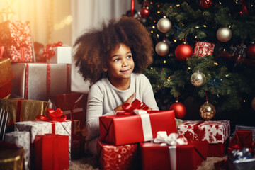 Fototapeta na wymiar Happy little african american smiling girl with christmas gift boxes on floor
