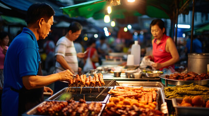 vibrant night market bustling with activity. The key focus is a food stall where various dishes, displayed in a spread of large and small bowls on a table