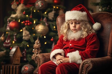 Fototapeta na wymiar Tired Santa Claus boy sitting in the chair