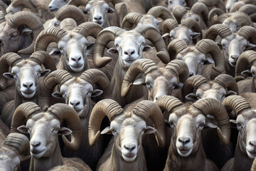 A herd of rams with big horns, rams close-up