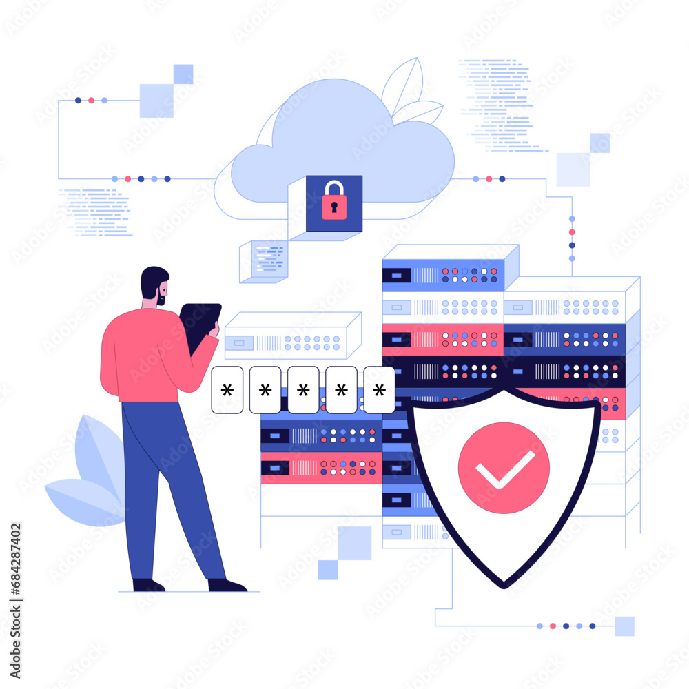Poster characters using cyber security services to protect personal data. database security, phishing, hack